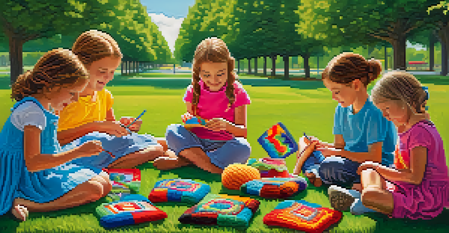 A group of children sitting on the grass in a sunny park, crocheting colorful granny squares surrounded by trees and flowers.