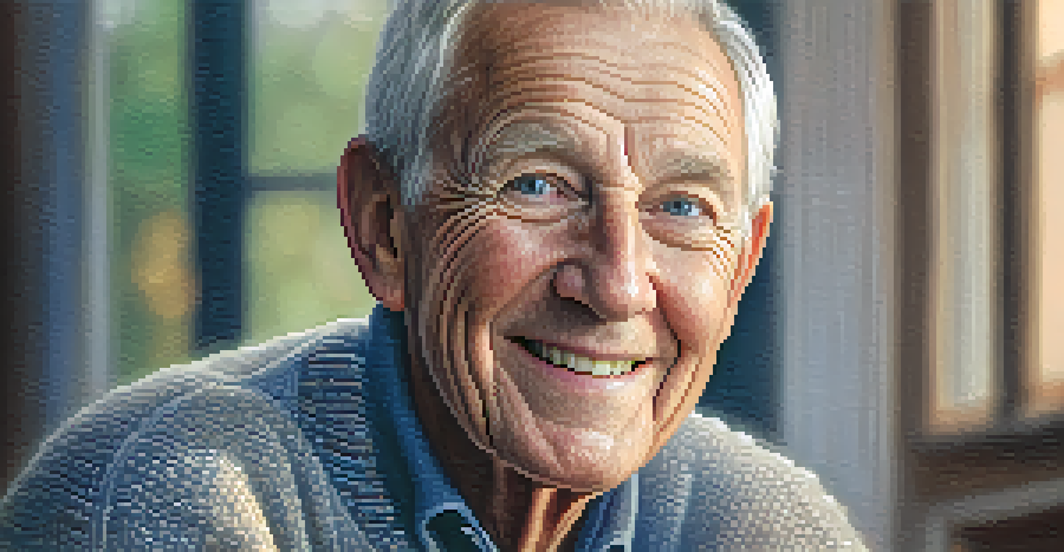A warm and engaging portrait of an elderly man with wrinkles, smiling gently in a cozy indoor setting.