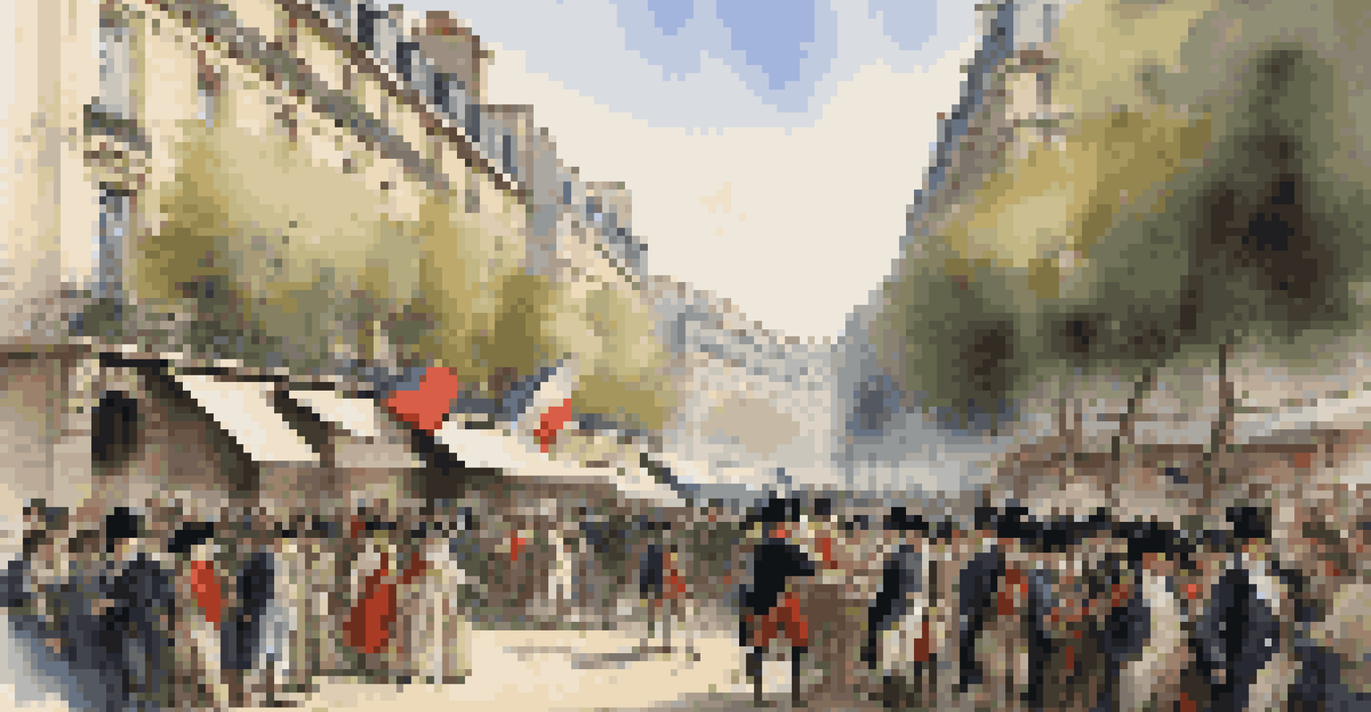 A lively Paris street scene from the French Revolution, depicting people in historical clothing and banners in a vibrant urban setting.