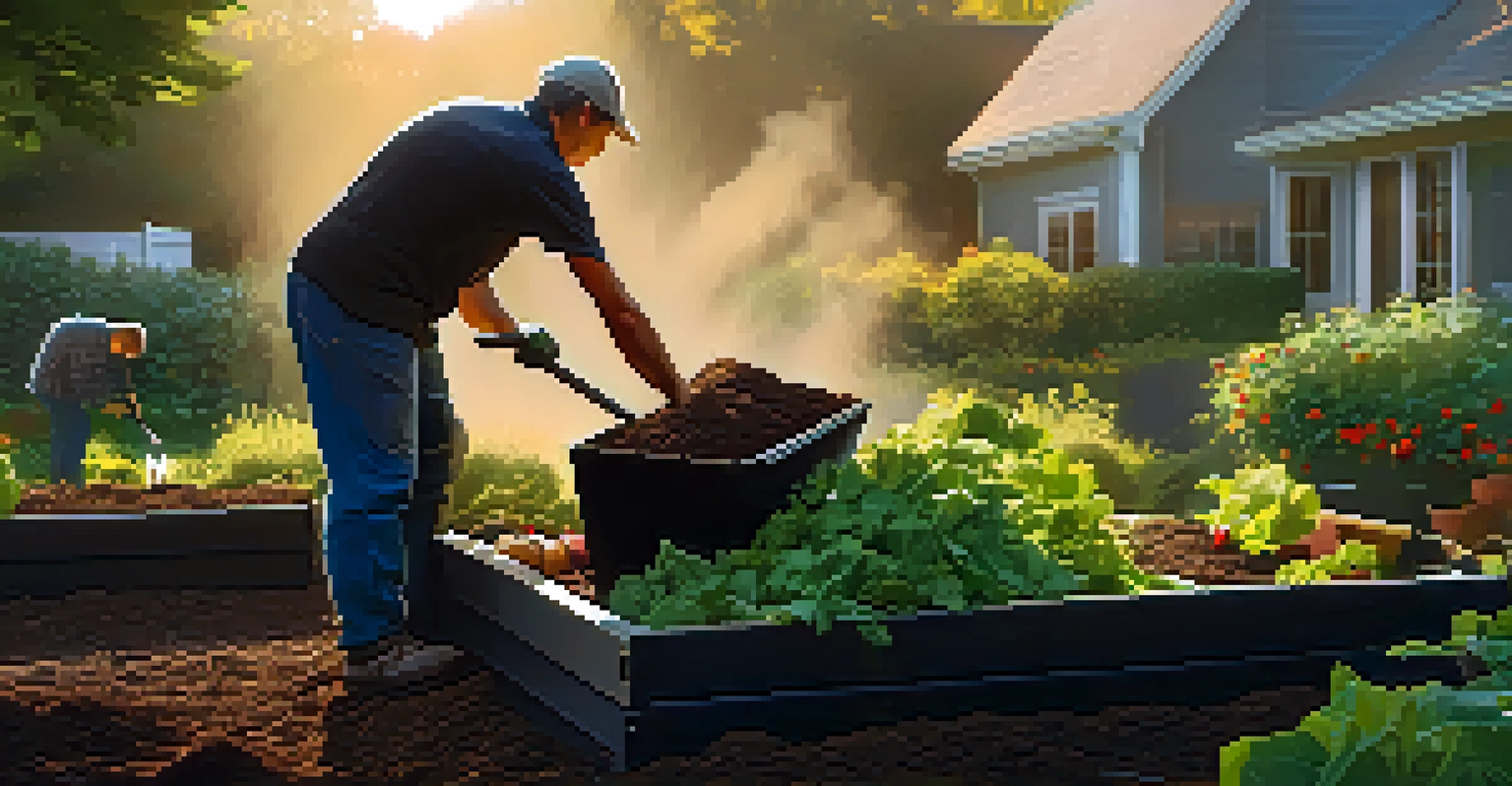 A gardener spreading dark, rich compost onto a vegetable garden bed, with sunlight illuminating the vibrant plants.