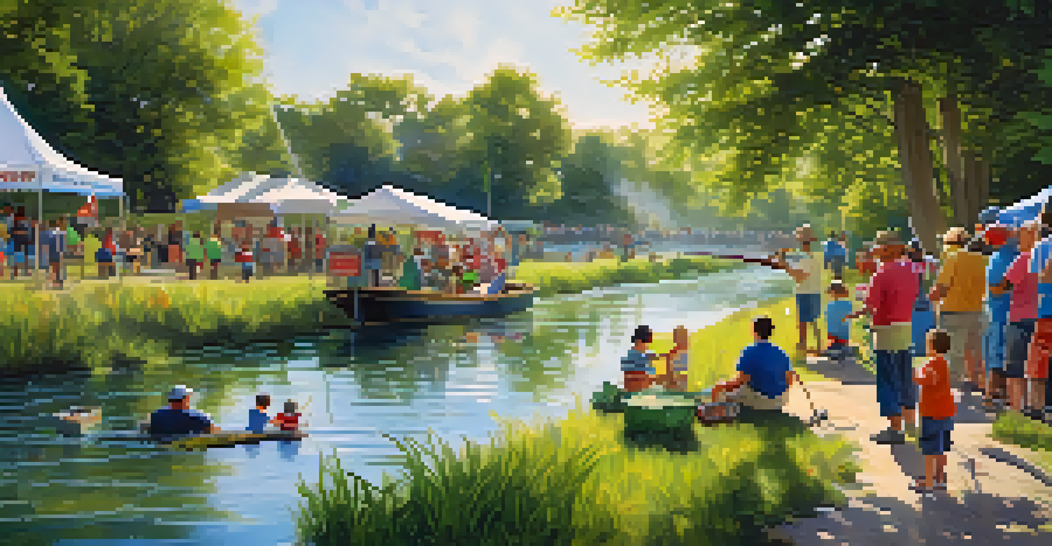A lively community fishing event with families fishing by the river, surrounded by greenery and colorful banners.
