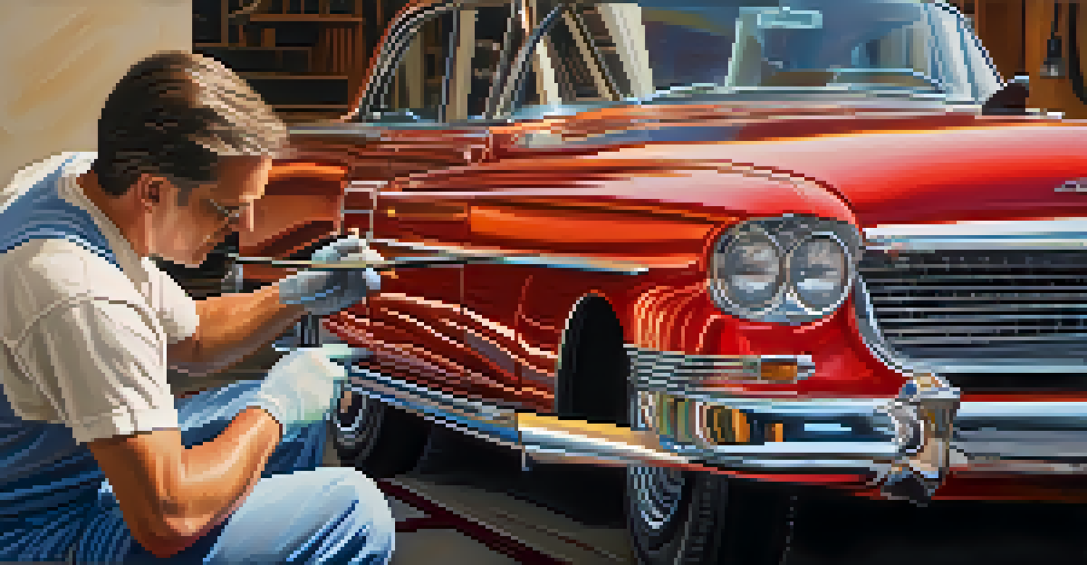 A craftsman painting a classic car with fine brush strokes, showcasing vibrant colors and a focused expression.