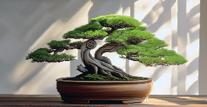 A detailed image of a bonsai tree on a wooden table, with soft light filtering through a window, highlighting the intricate branches and leaves.