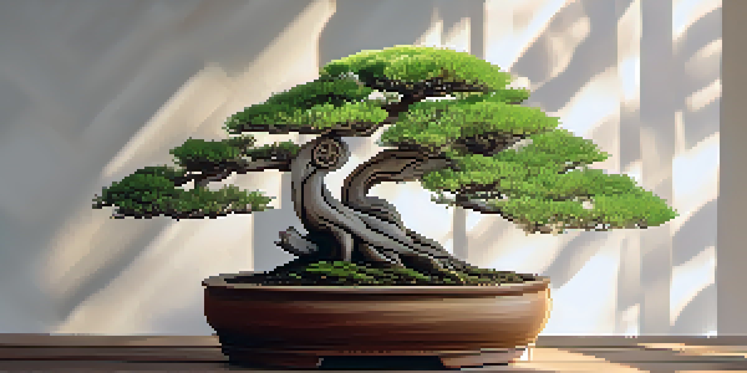 A detailed image of a bonsai tree on a wooden table, with soft light filtering through a window, highlighting the intricate branches and leaves.