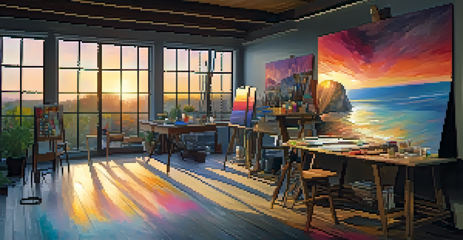 An artist's studio with canvases and paintbrushes, a sunset painting in progress, and an AI device showcasing artistic styles.
