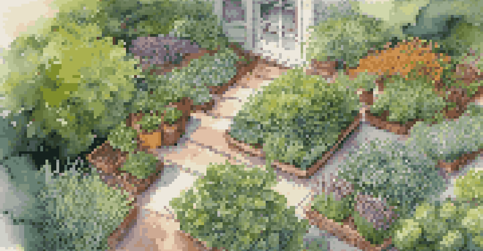 An aerial view of a shade garden filled with herbs like mint, chives, and parsley, along with companion plants like garlic and carrots, bathed in warm sunlight.