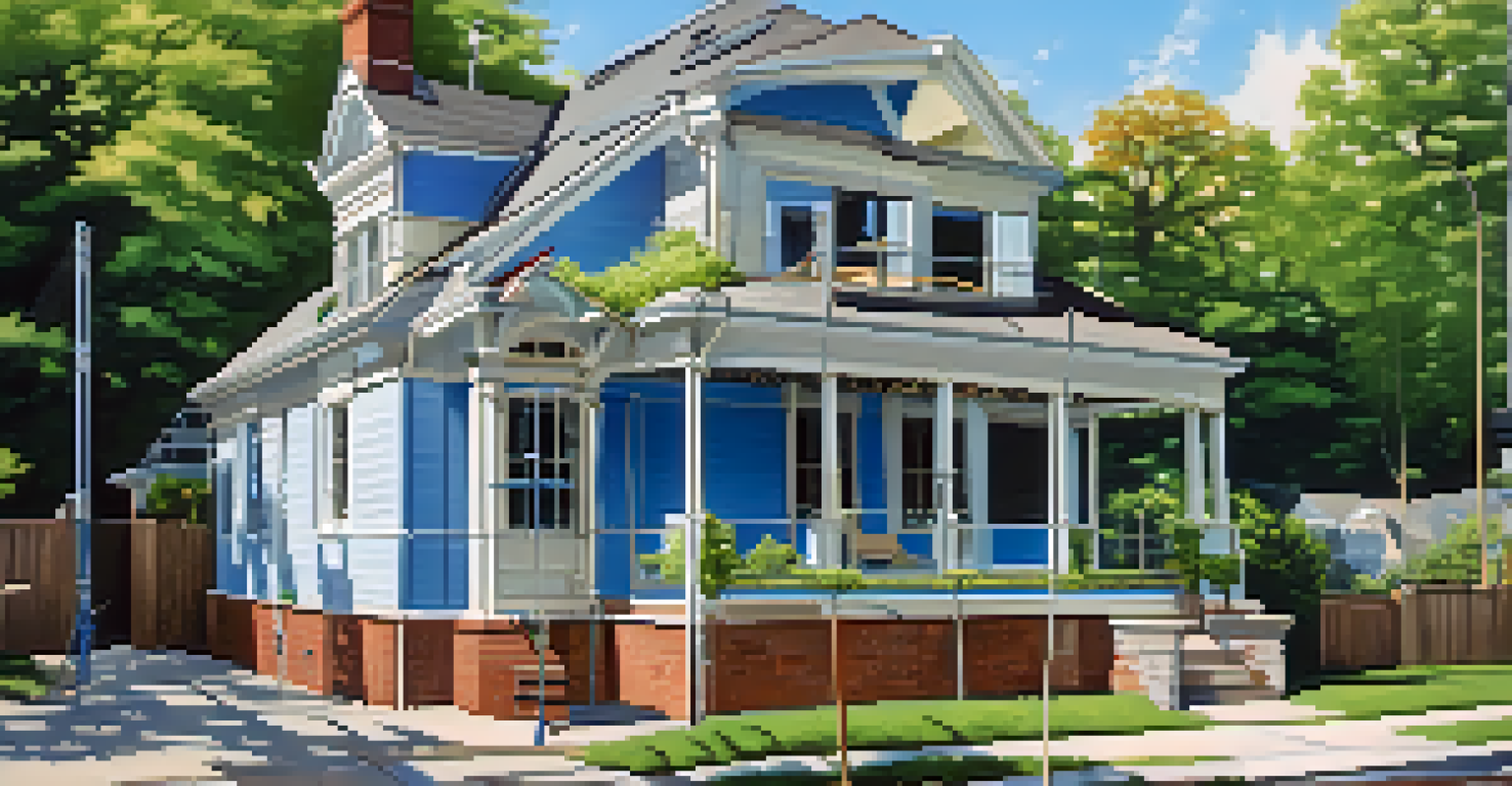 A house under renovation with scaffolding and a visible construction permit, against a sunny backdrop of trees and blue skies.