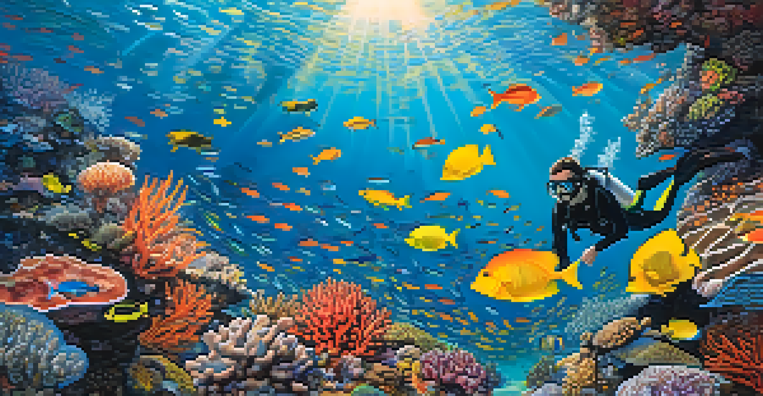 A scuba diver exploring the Great Barrier Reef, surrounded by colorful corals and marine life, with sunlight filtering through the water.