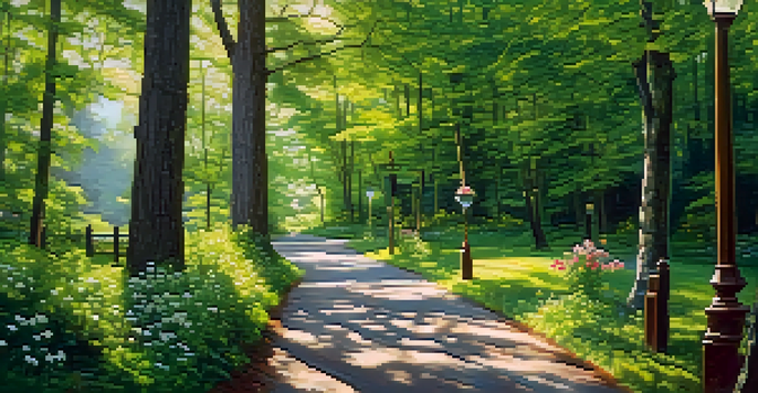 A couple walking on a green heritage trail surrounded by trees and wildflowers, with vintage lampposts and a wooden signpost.