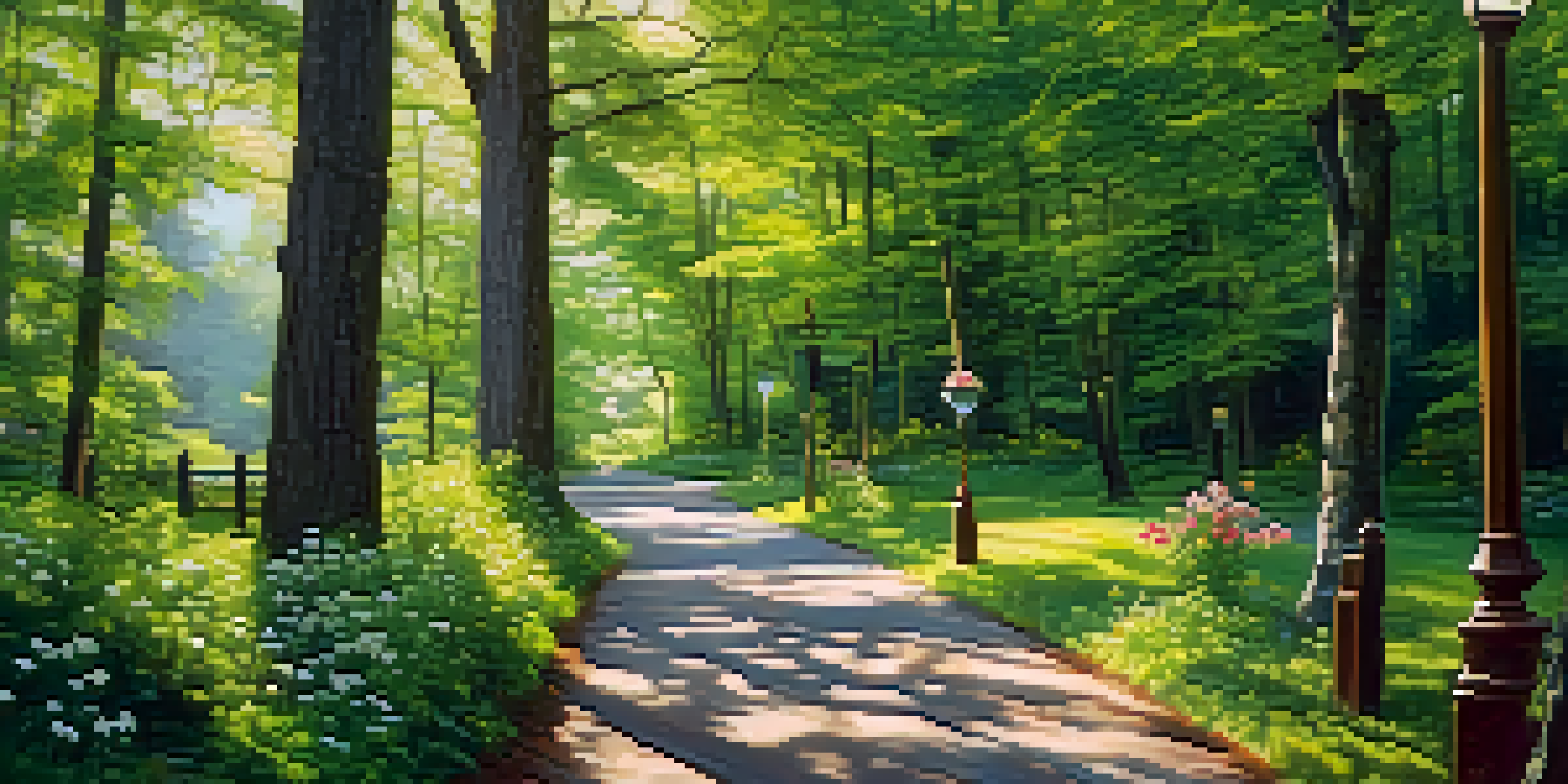 A couple walking on a green heritage trail surrounded by trees and wildflowers, with vintage lampposts and a wooden signpost.