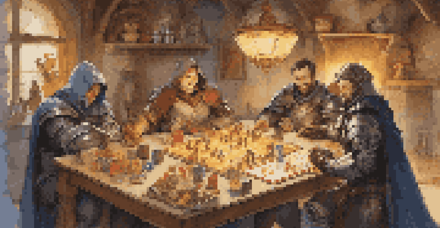 Players enjoying a board game session with thematic components like knights and castles, set against a backdrop of snacks and drinks under soft lighting.