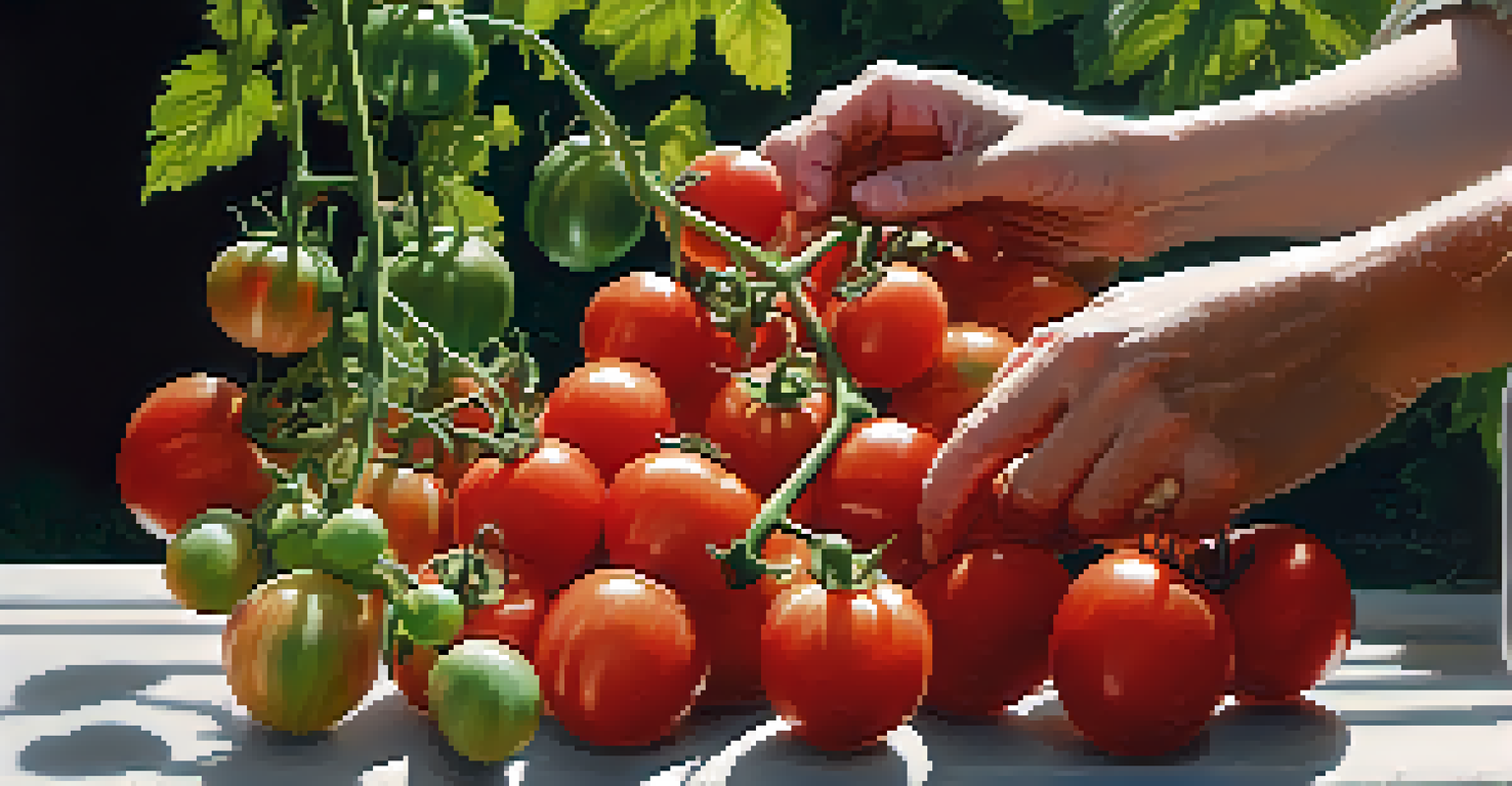Hands harvesting ripe red tomatoes from a container garden with green leaves in the background under soft light.