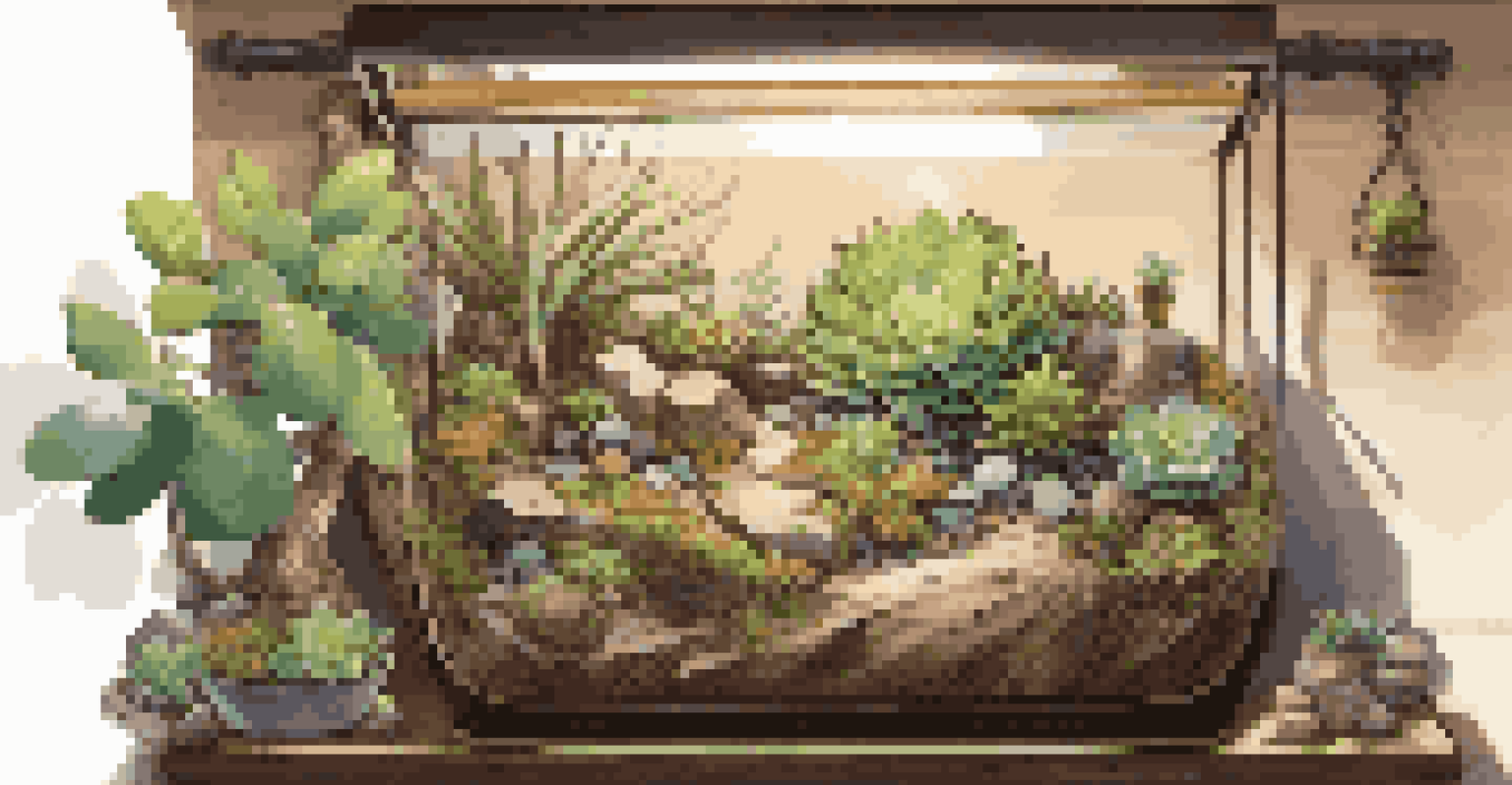 An overhead view of a colorful bonsai terrarium with a Ficus bonsai, succulents, and decorative stones on a rustic wooden table, illuminated by sunlight.