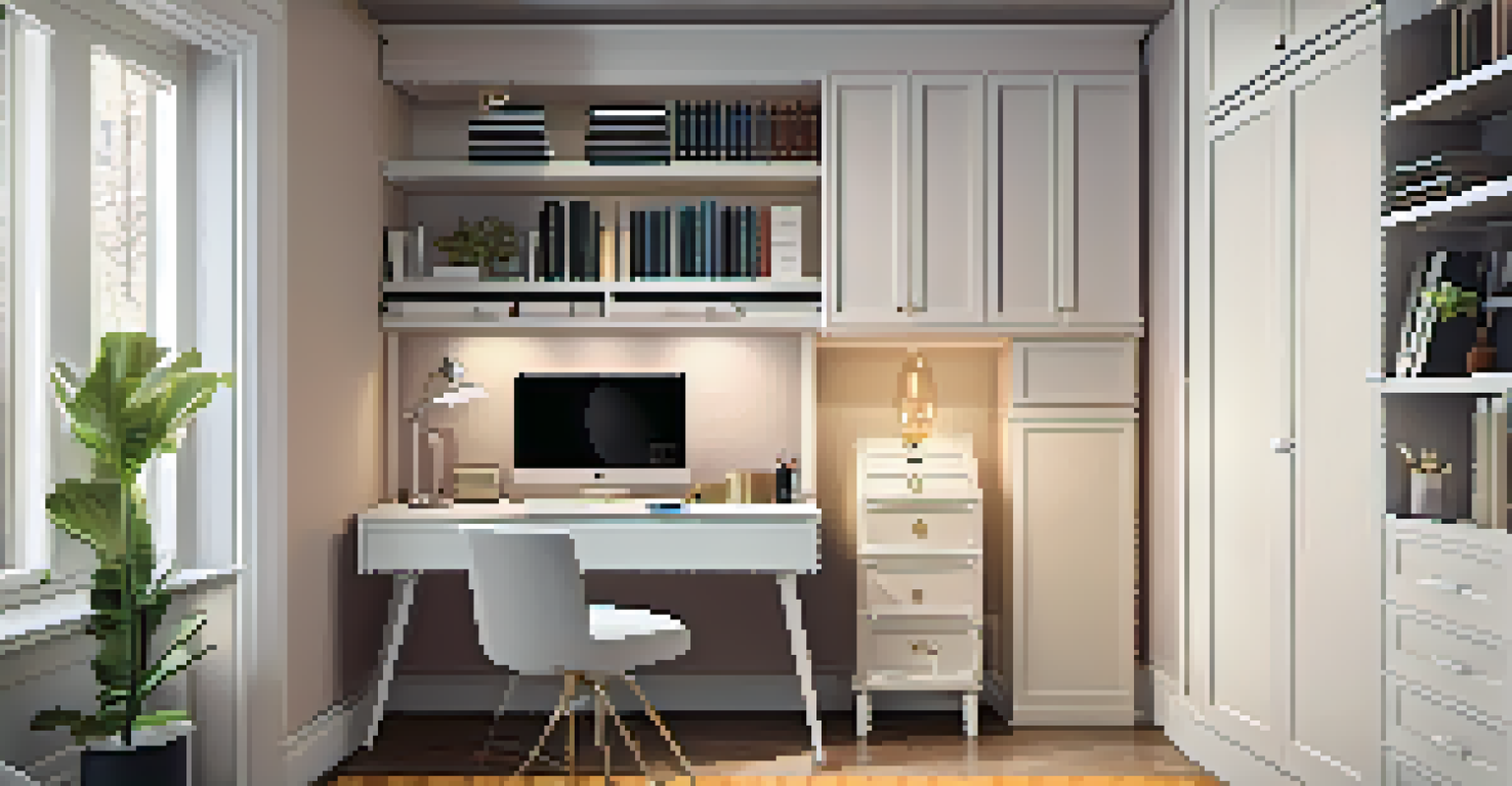 A closet converted into a mini office with a desk, shelves, and a comfortable chair, showcasing a functional workspace.