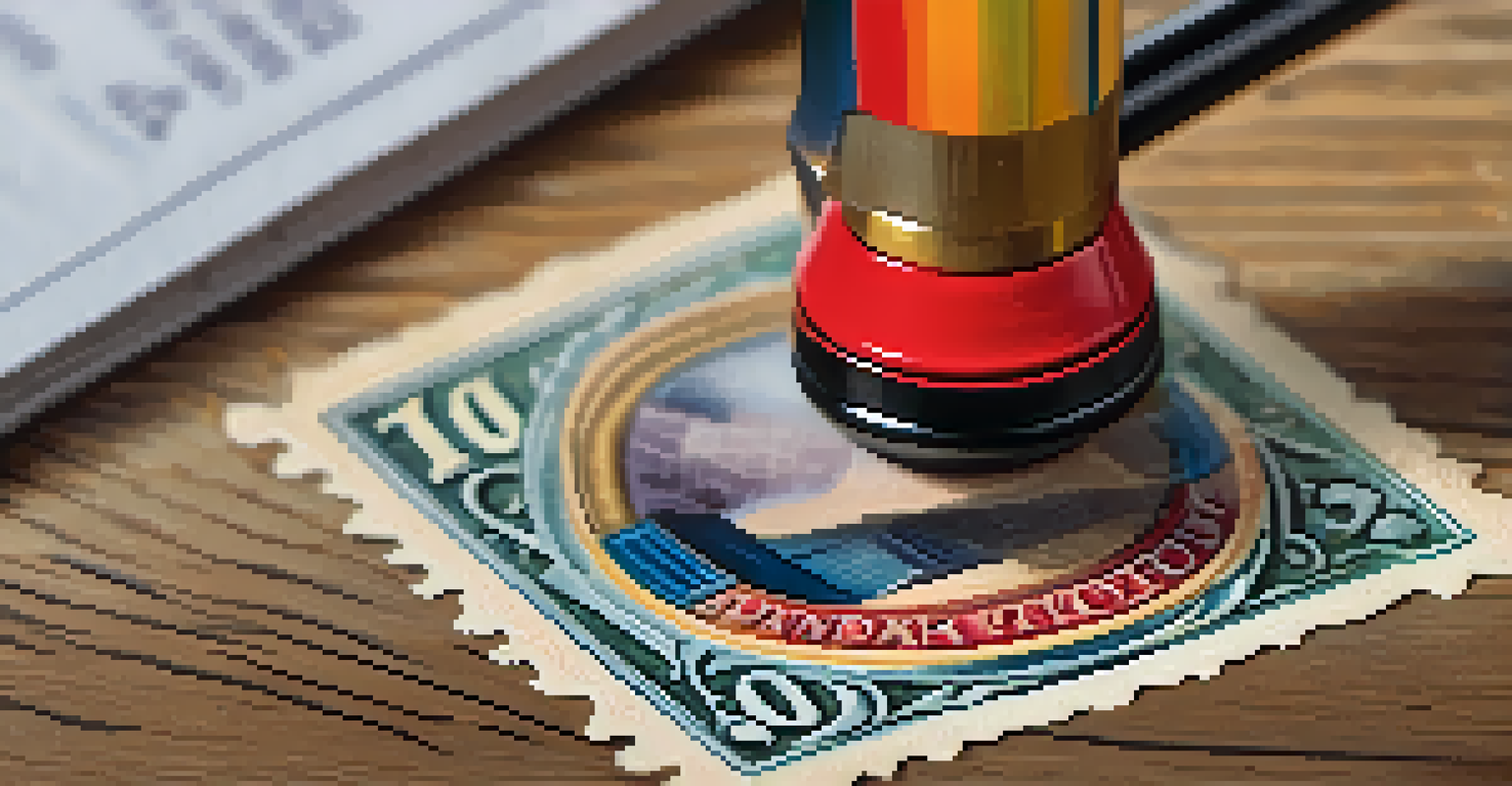 A close-up of a colorful postage stamp featuring a historical figure on a wooden desk, with a magnifying glass beside it.