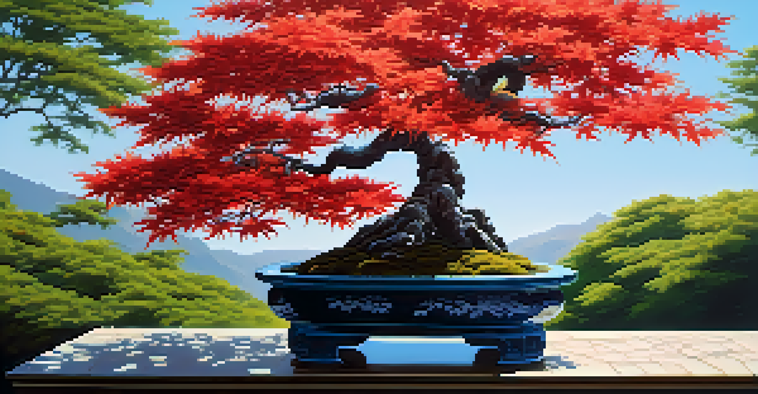 An outdoor setting showcasing a Japanese Maple bonsai tree with red leaves on a stone pedestal, surrounded by green plants.