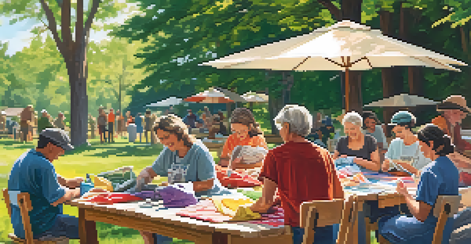Volunteers making reusable grocery bags from old fabric at an outdoor crafting event, with a sunny sky and trees in the background.
