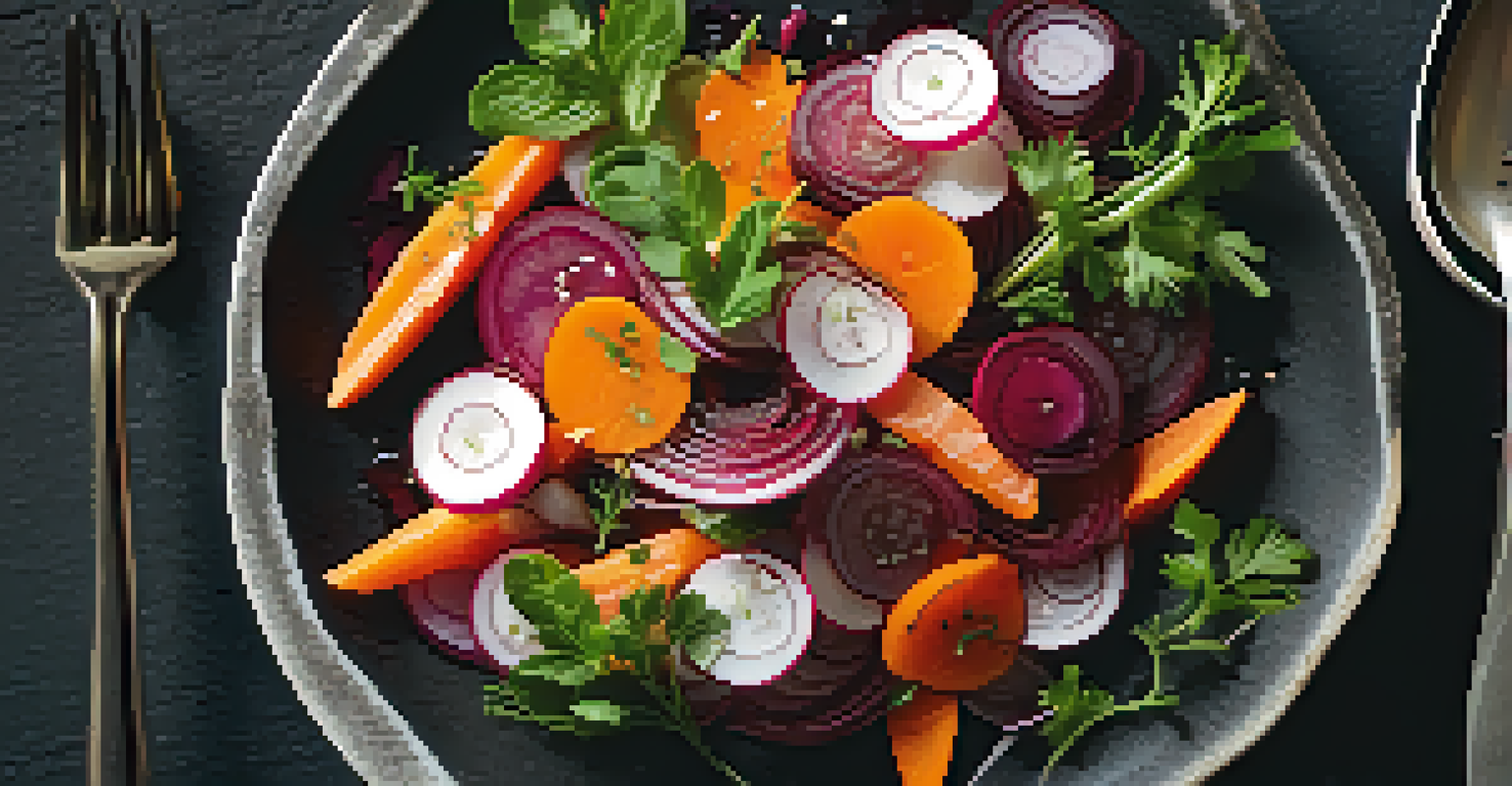 An overhead view of a vibrant salad with fermented root vegetables and herbs on a dark plate, with a fork next to it.