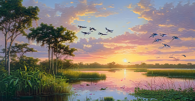 A beautiful sunrise over the Everglades, with roseate spoonbills flying above a serene wetland.