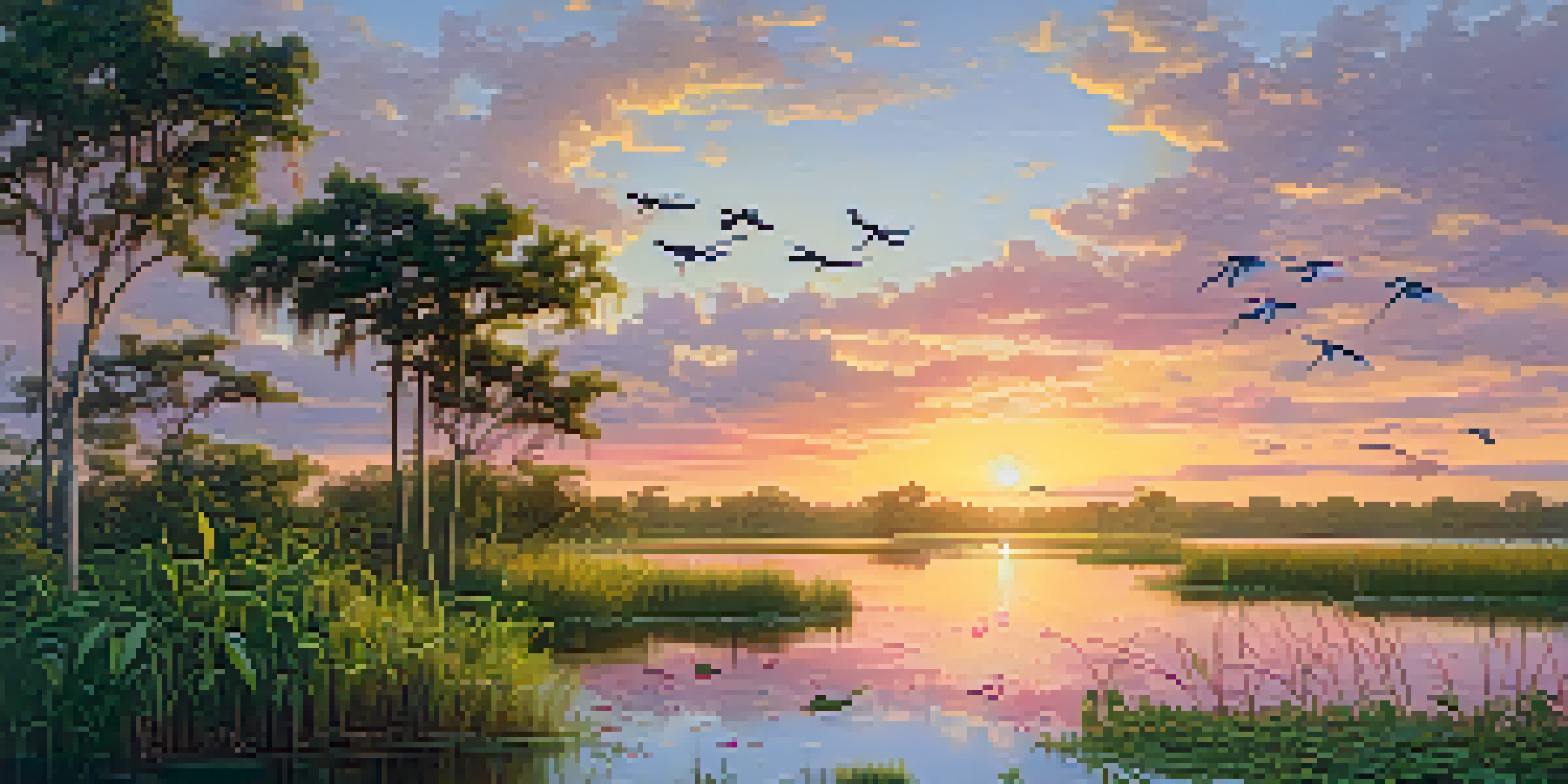 A beautiful sunrise over the Everglades, with roseate spoonbills flying above a serene wetland.
