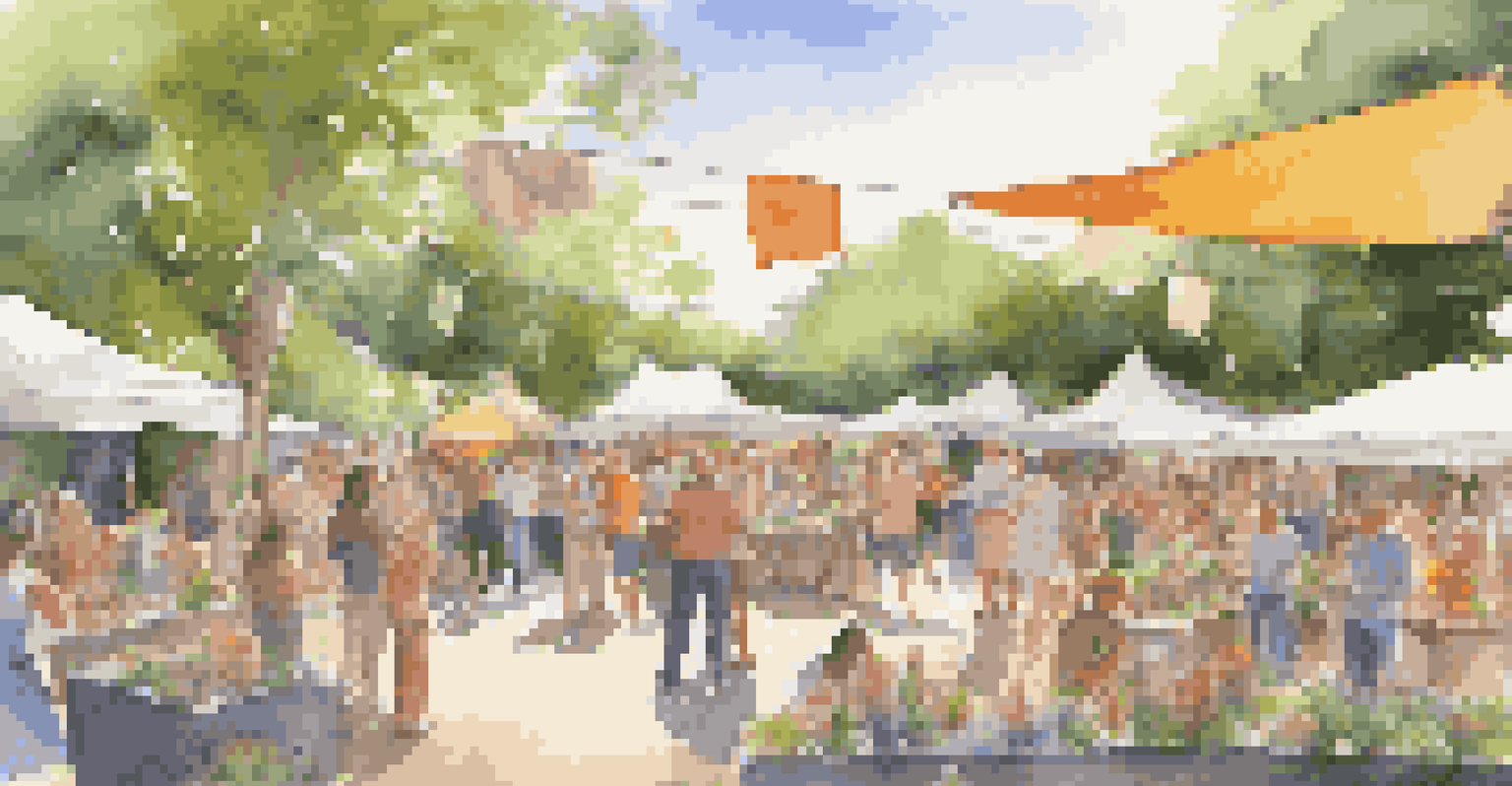 An outdoor community event with artists showcasing soap sculptures of various styles, surrounded by greenery and colorful banners.
