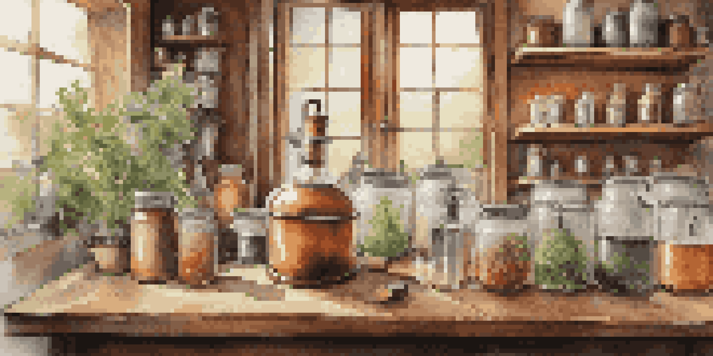 A cozy kitchen with a copper still on a wooden table, jars of herbs and fruits, and a chalkboard with distilling notes under warm natural light.