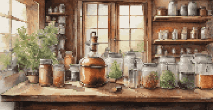 A cozy kitchen with a copper still on a wooden table, jars of herbs and fruits, and a chalkboard with distilling notes under warm natural light.