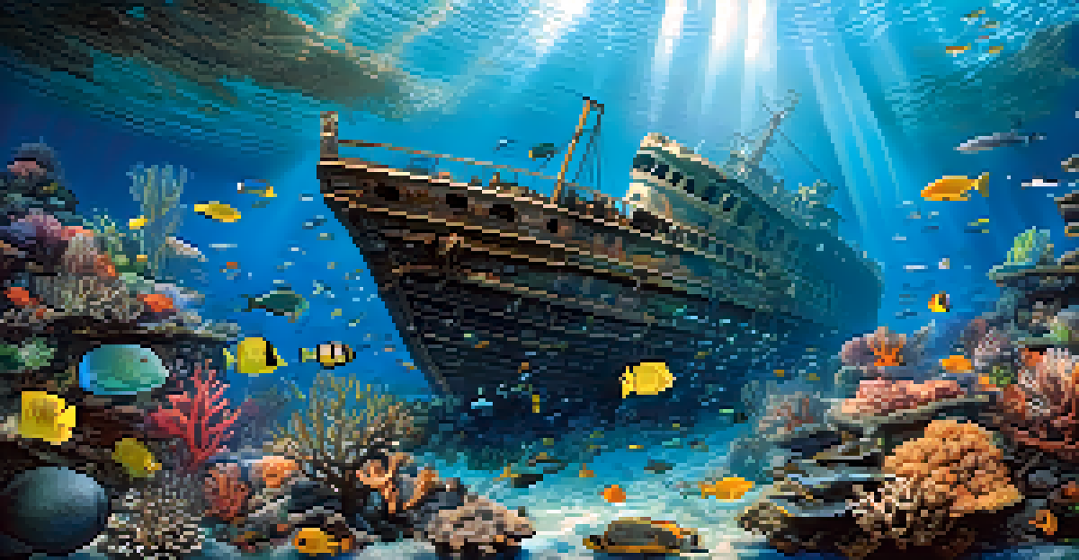 An underwater scene of a shipwreck adorned with marine life, with sunlight illuminating the wreck and surrounding fish.