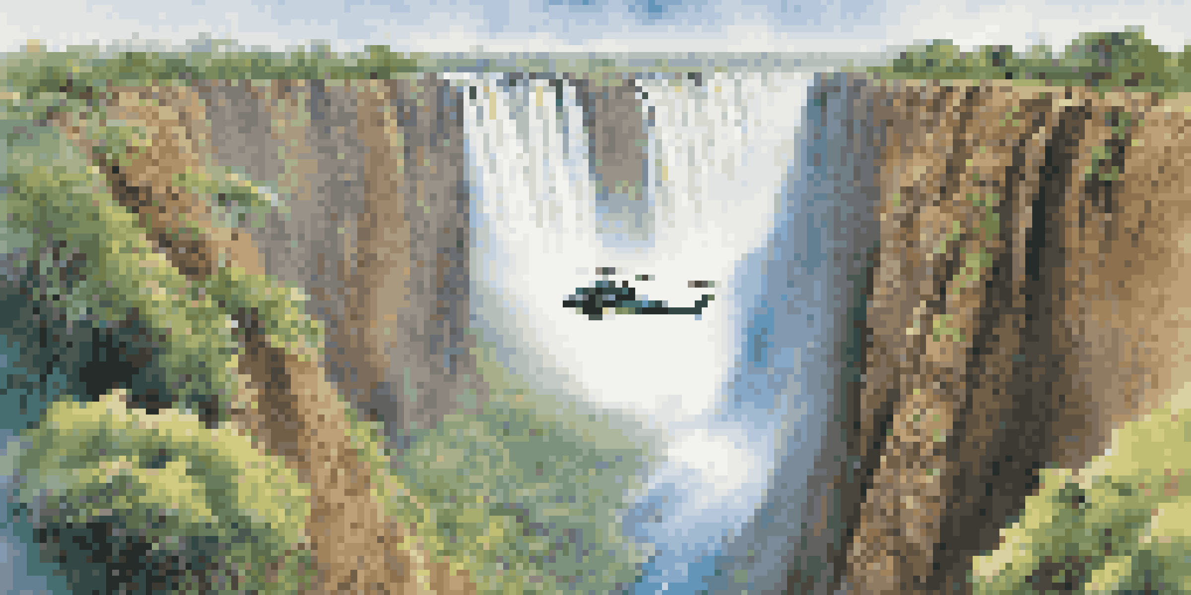 A jumper leaps off a bridge with Victoria Falls in the background, surrounded by lush green scenery and mist rising from the falls.