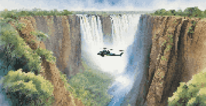 A jumper leaps off a bridge with Victoria Falls in the background, surrounded by lush green scenery and mist rising from the falls.