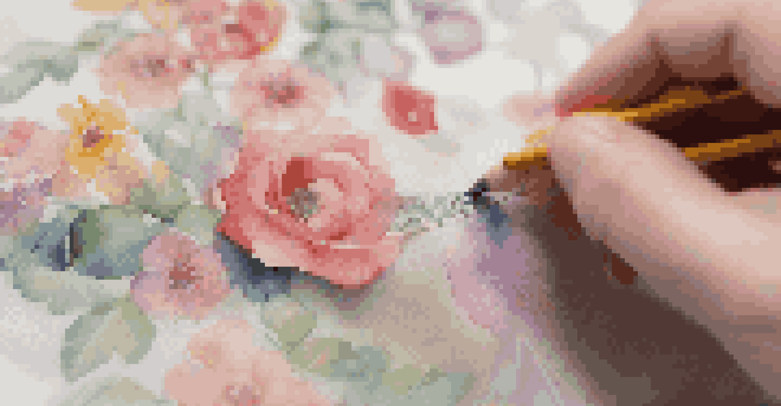 A close-up of a hand using a measuring tape on floral fabric, with pattern paper and pencil in the background.