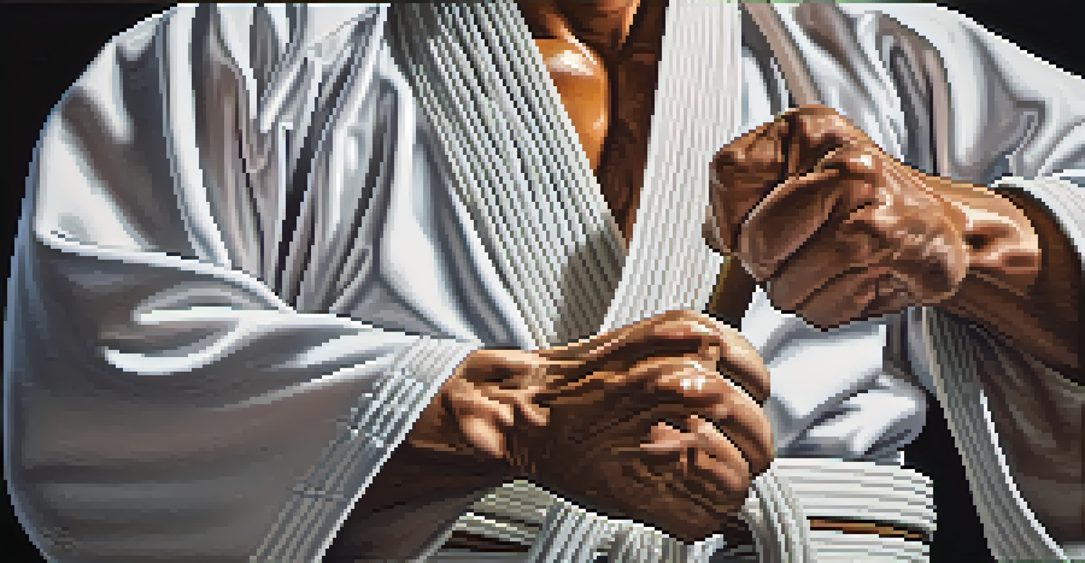 A close-up of a sensei's hands demonstrating a martial arts technique, highlighting details of their gi and belt.