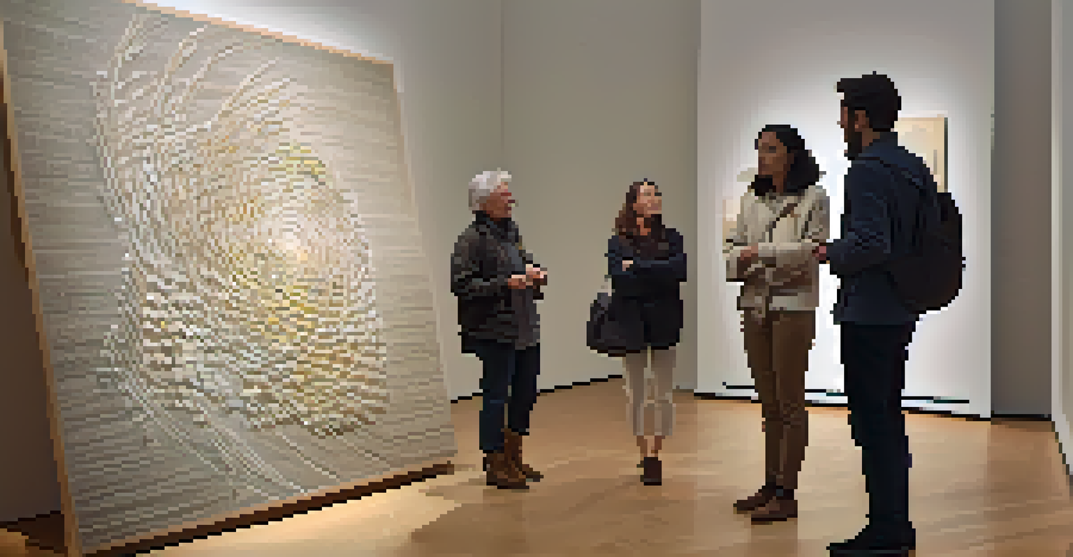 An artist discussing their work with a group of visitors at an art exhibition, surrounded by sculptures.