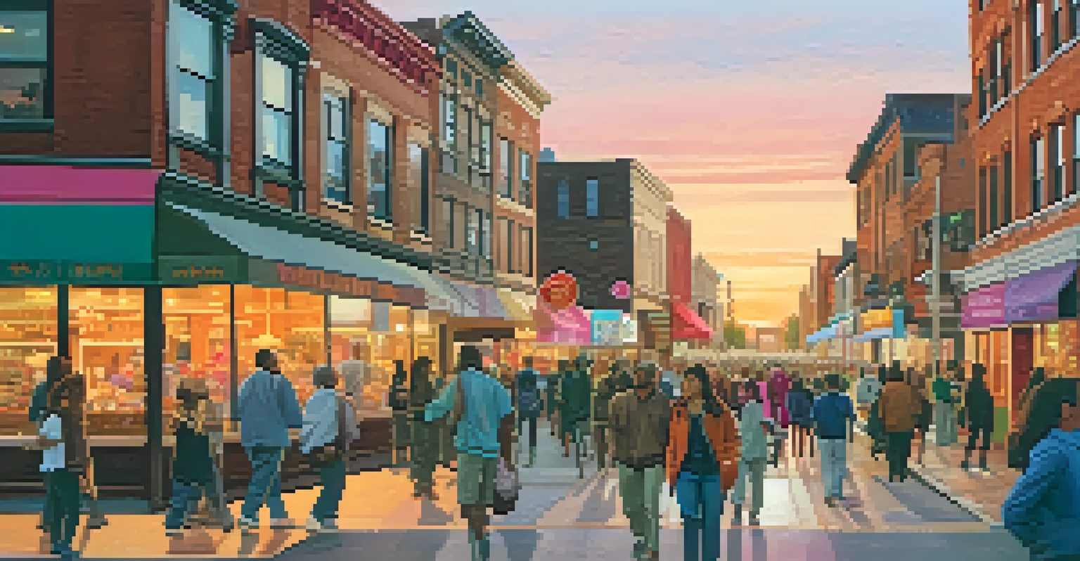A lively city street at sunset filled with people and colorful shops.