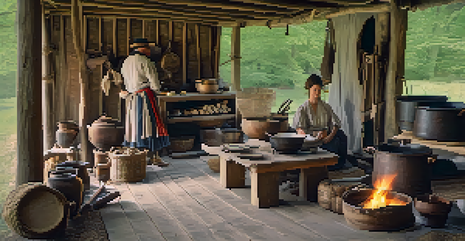 An 18th-century living history encampment with reenactors cooking, crafting, and weaving, surrounded by rustic structures and warm sunlight.