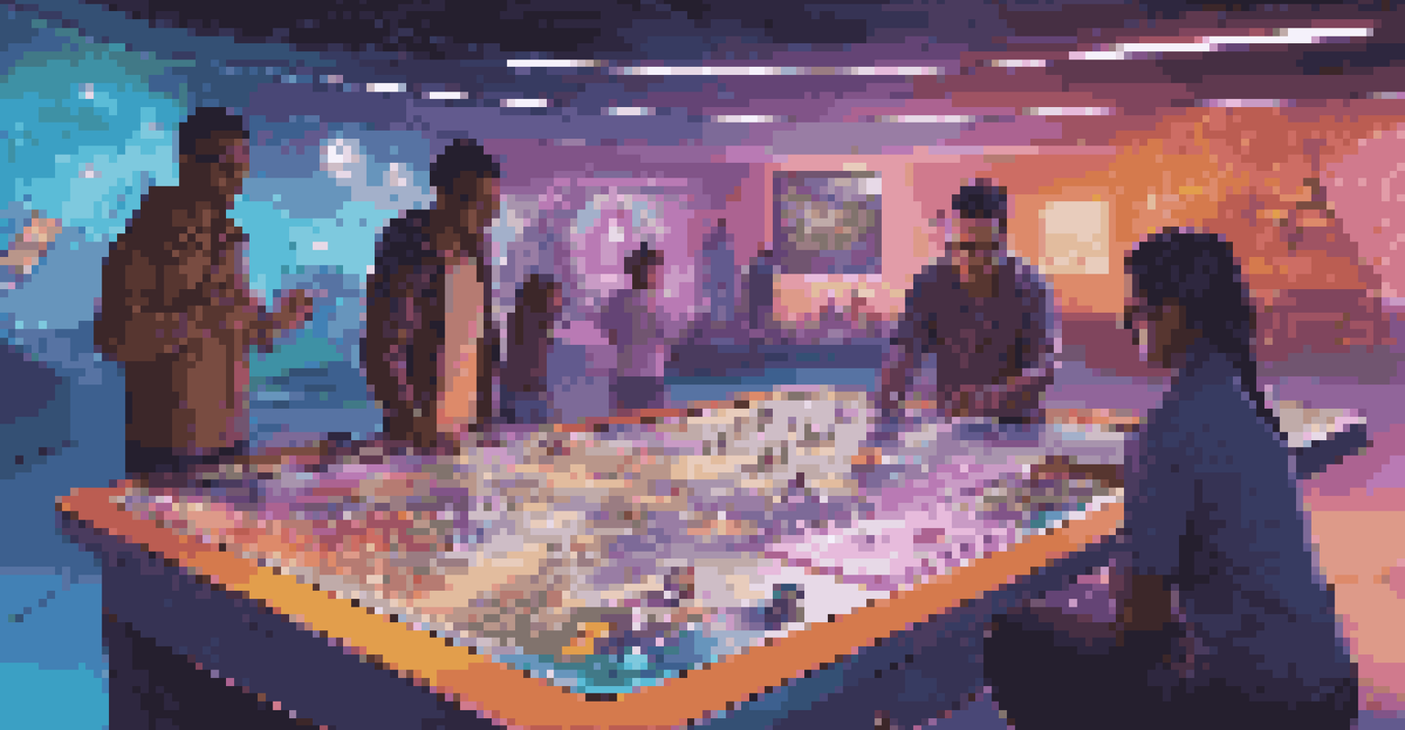 Players engaging with a futuristic board game featuring augmented reality elements and holographic pieces.
