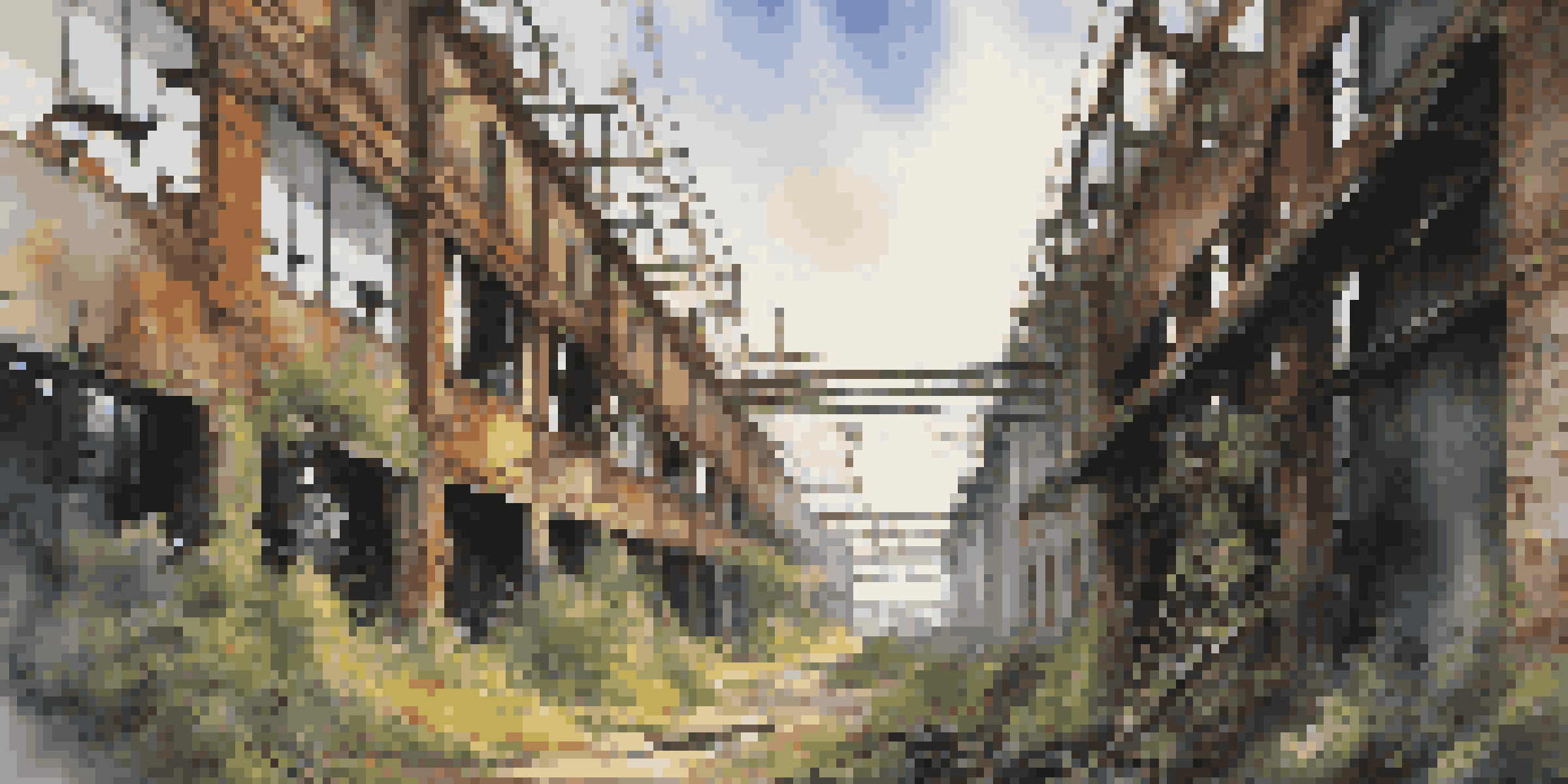 An abandoned factory with rusted machinery and peeling paint, illuminated by sunlight filtering through broken windows, with overgrown vines.