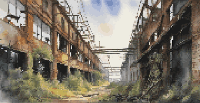 An abandoned factory with rusted machinery and peeling paint, illuminated by sunlight filtering through broken windows, with overgrown vines.