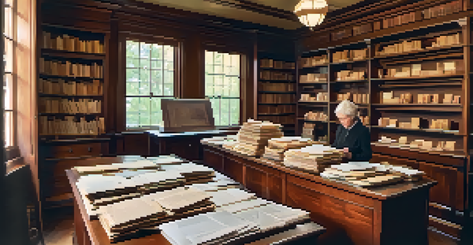 A warm and inviting archive room with wooden shelves filled with historical documents and photographs, and an archivist organizing papers.