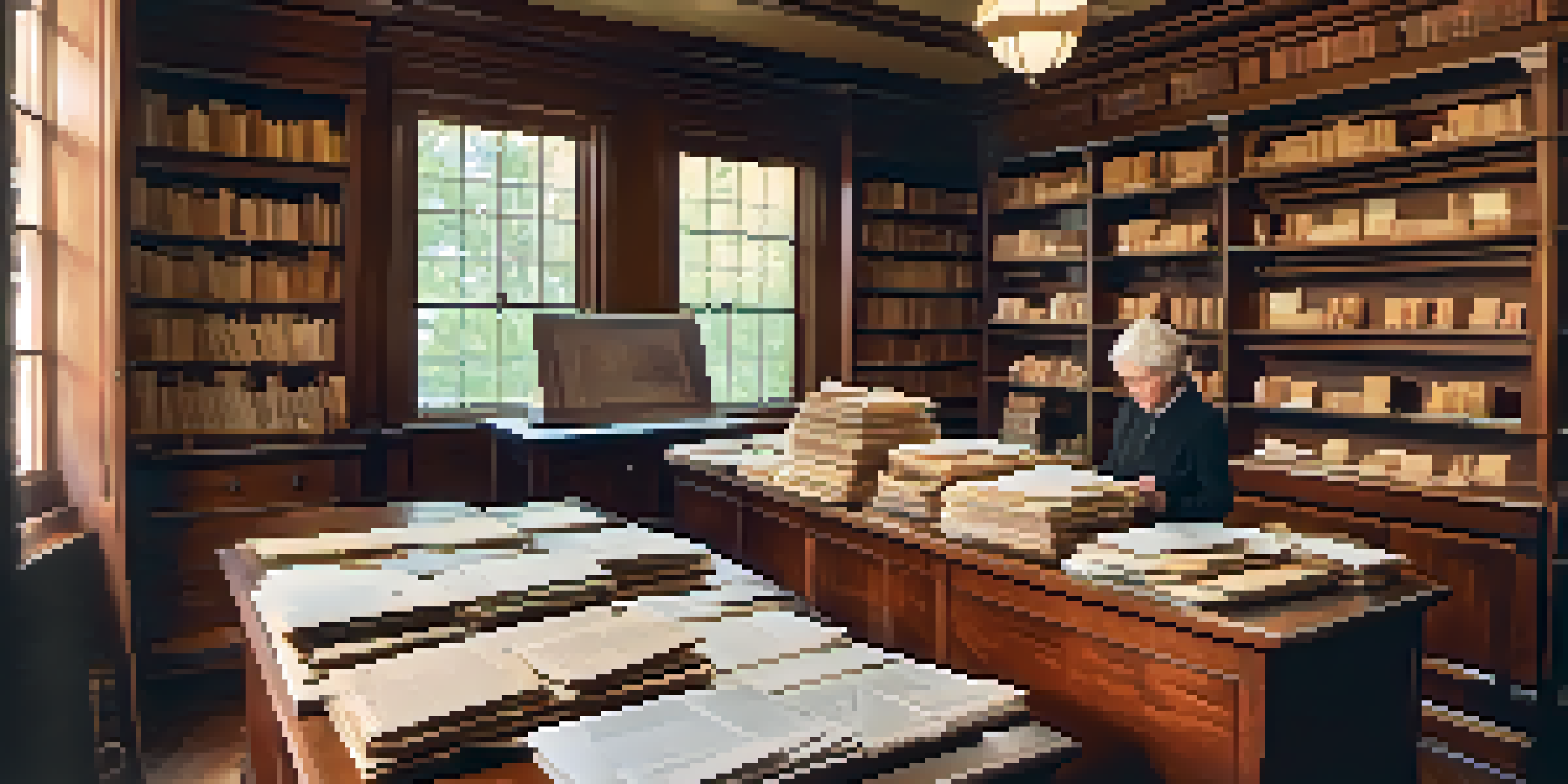 A warm and inviting archive room with wooden shelves filled with historical documents and photographs, and an archivist organizing papers.