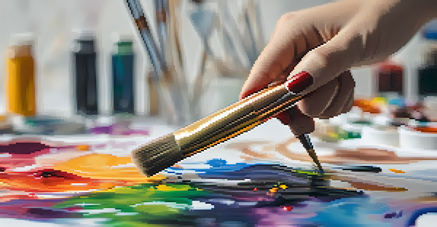 A close-up of a hand with a paintbrush over a colorful abstract canvas in an art studio.