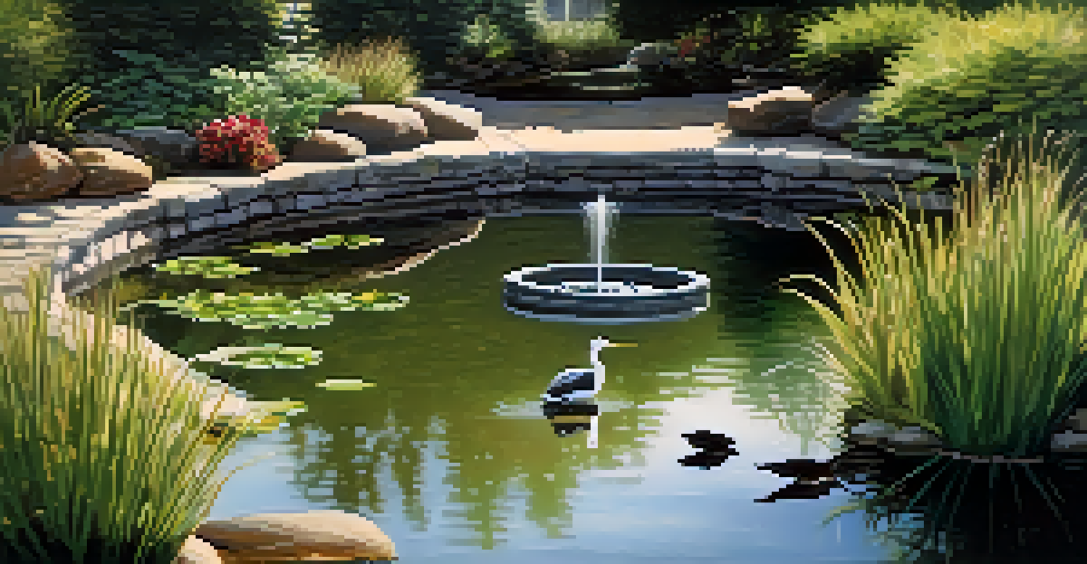 A picturesque pond in a backyard with ducks and a heron, featuring a bubbling fountain and surrounded by lush plants.