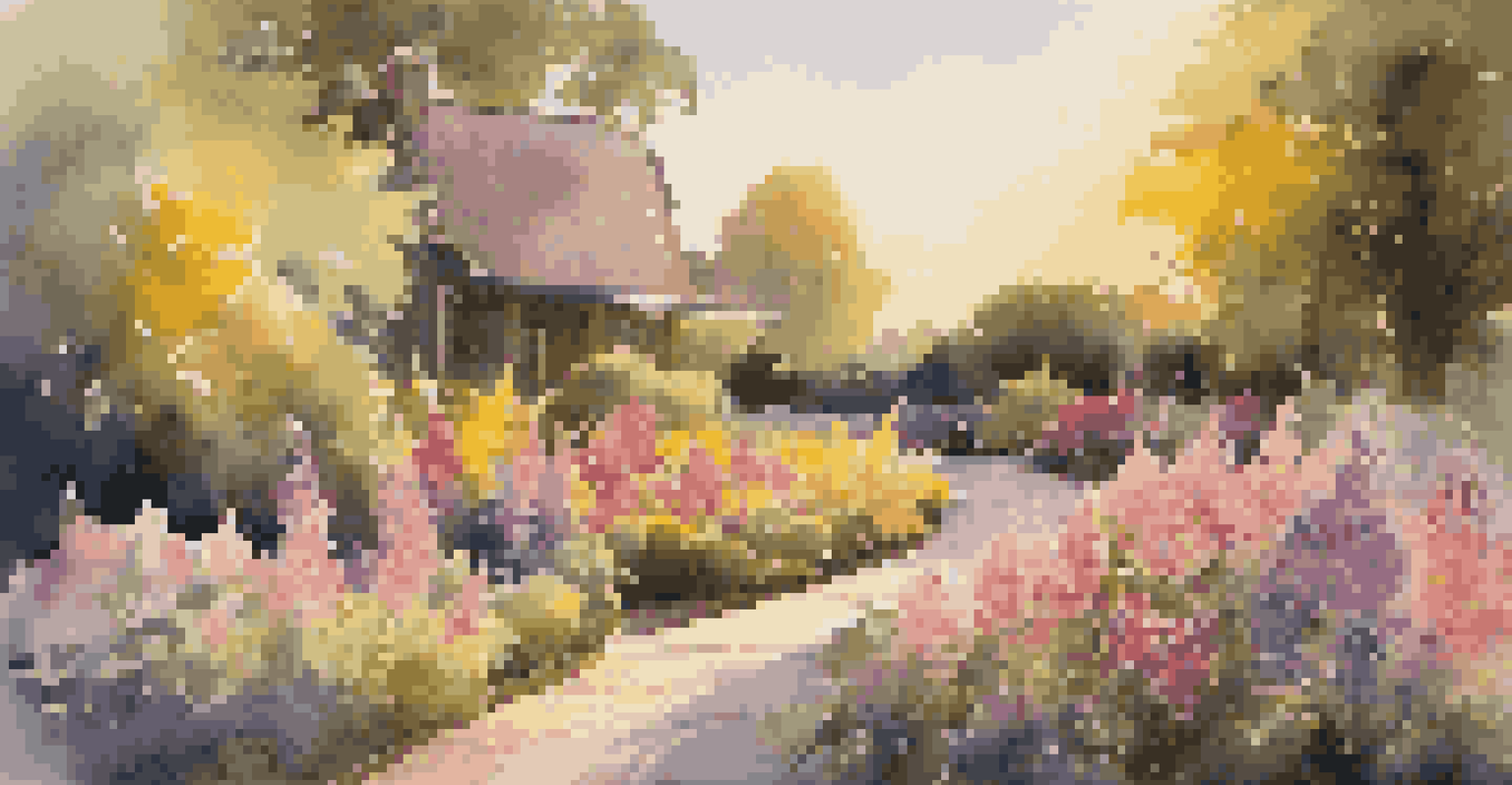 A colorful garden at golden hour with blooming flowers and a wooden pathway.