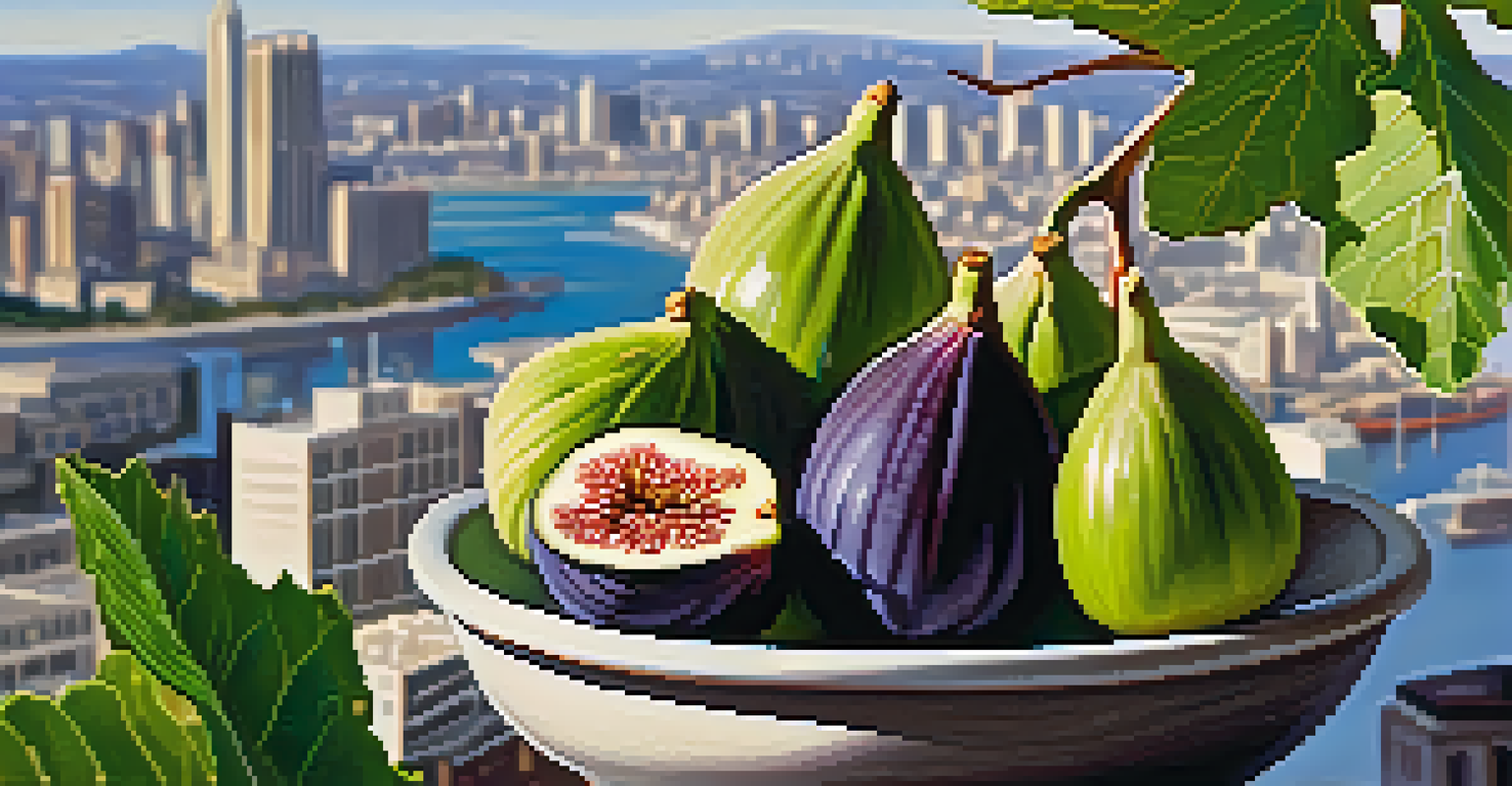 Close-up of ripe figs on a small fig tree in a container, with a city skyline in the background.