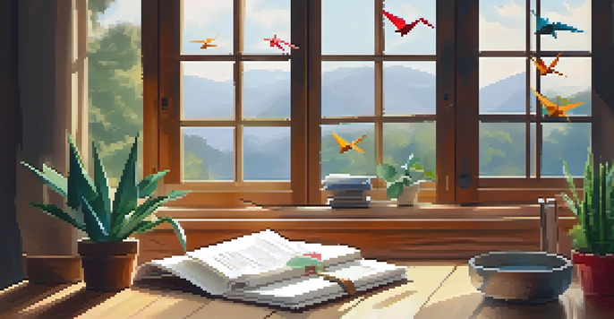 A workspace with an origami crane and colorful papers on a wooden desk, illuminated by warm light.