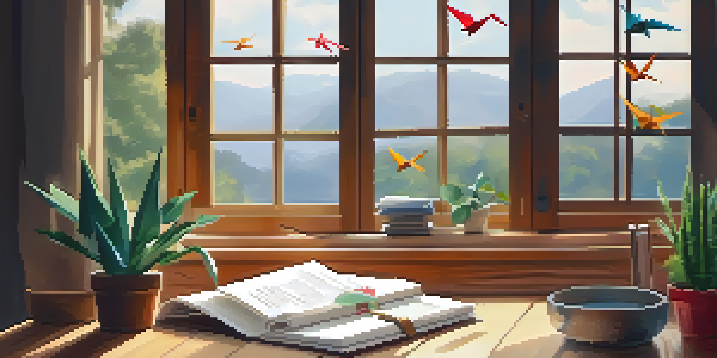 A workspace with an origami crane and colorful papers on a wooden desk, illuminated by warm light.
