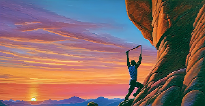 A climber silhouetted against a colorful sunset while stretching, highlighting their muscles and the rocky terrain below.