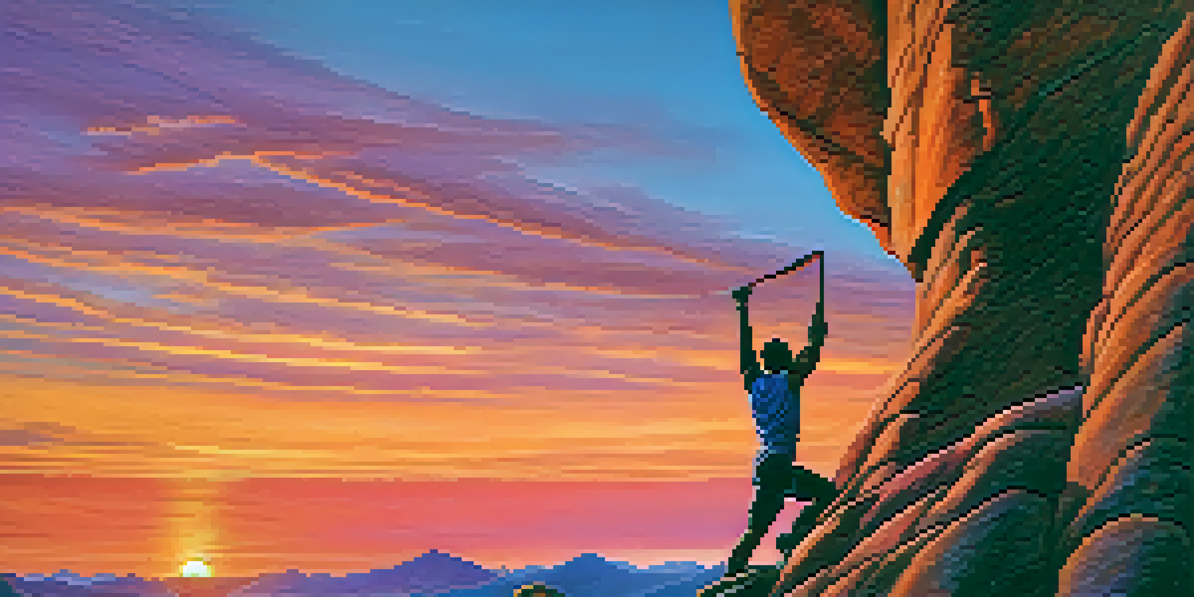 A climber silhouetted against a colorful sunset while stretching, highlighting their muscles and the rocky terrain below.