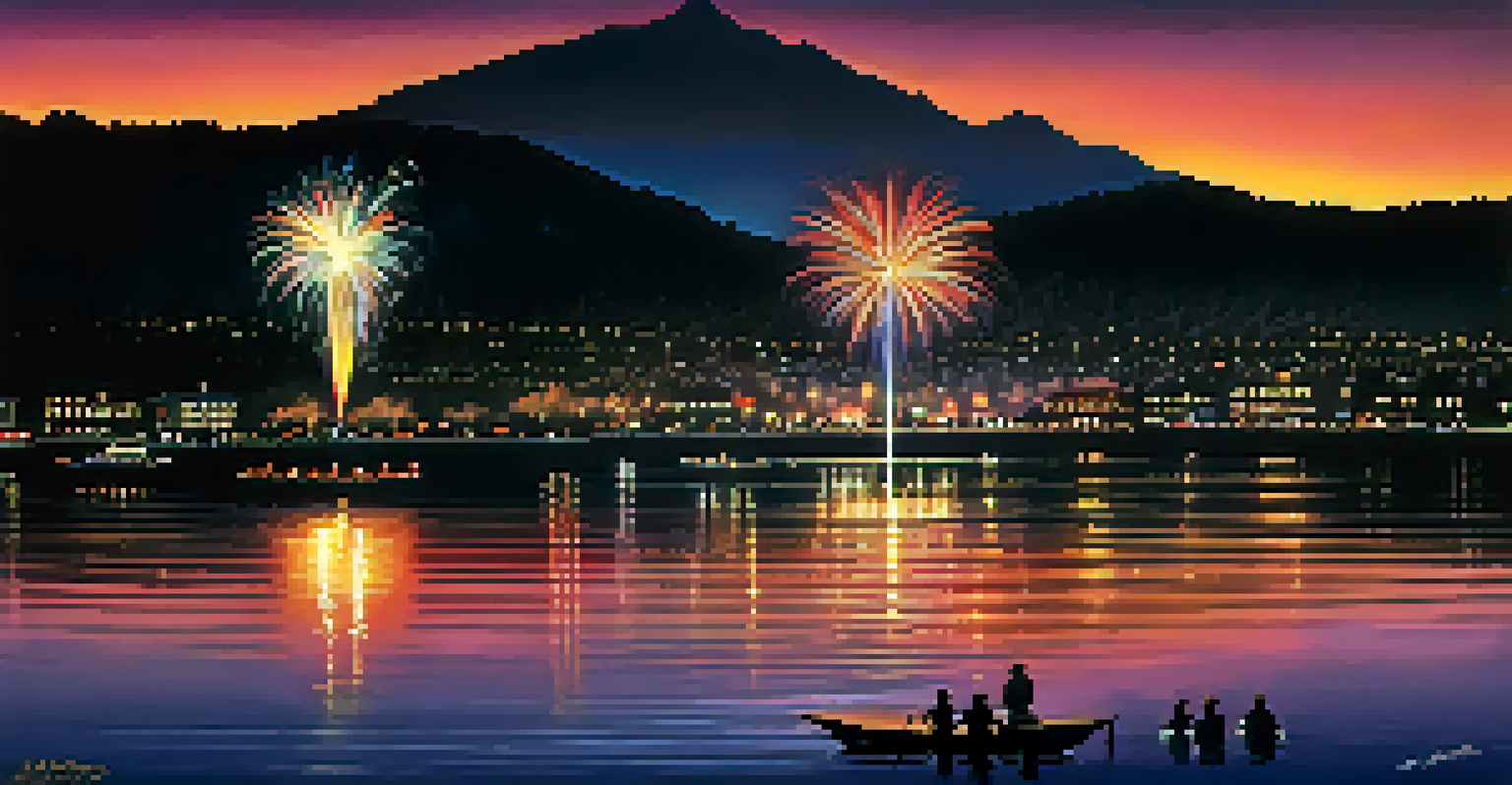 A stunning fireworks display over a river at night, with colorful reflections on the water and silhouetted spectators along the bank.