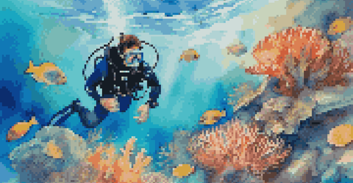 A scuba diver exploring a colorful coral reef with tropical fish swimming around, illuminated by sunlight filtering through the water.